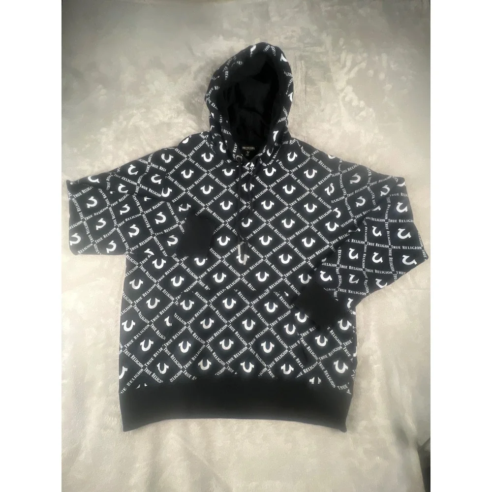 True Religion Mens Black White All Over Logo Print Pullover Hoodie Size Large